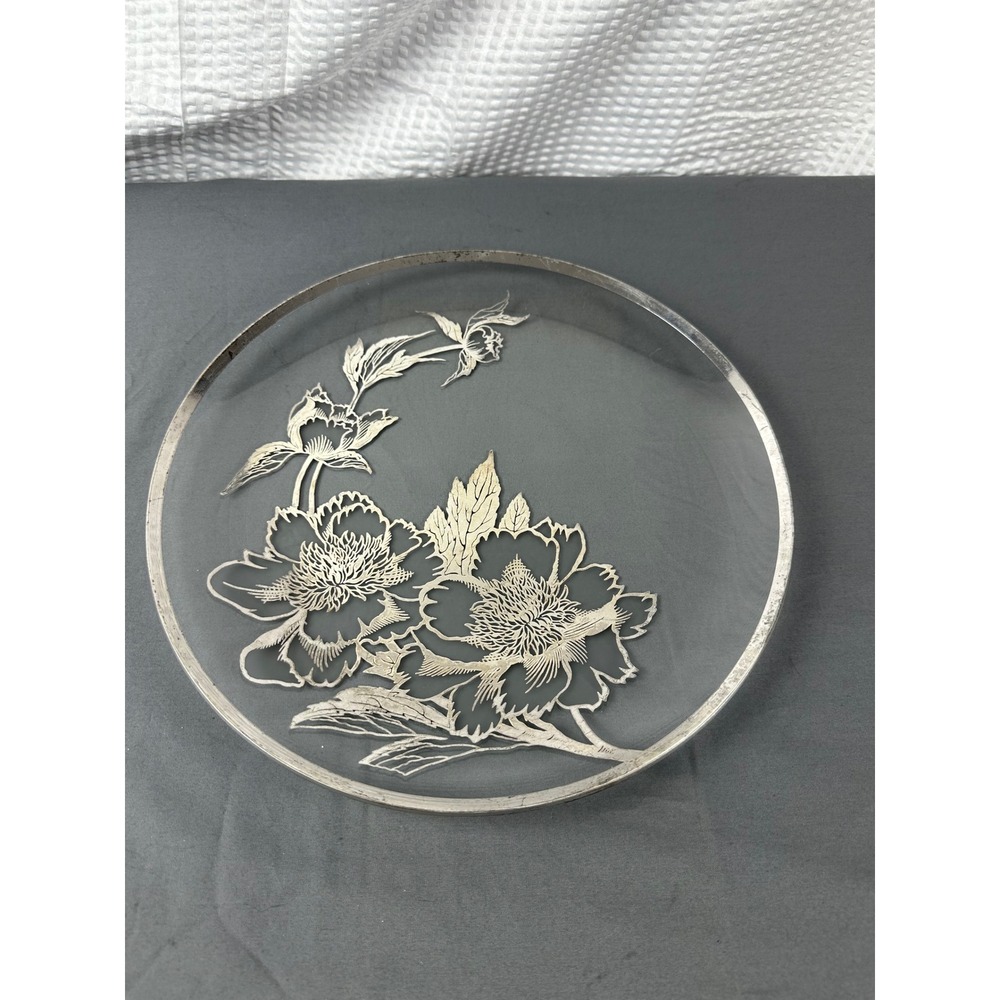 Vintage 12" Clear Glass Silver Overlay Floral Serving Platter Round Etched MCM